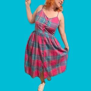 Vtg 90s pink/blue plaid midi spaghetti strap button cotton dress size Medium